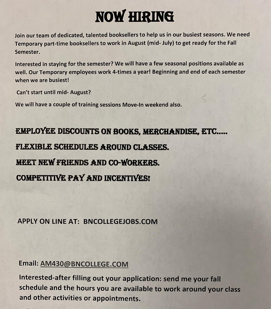 The UTC Bookstore is hiring! You can come into the store or apply online at bncollegejobs.com! 

Even if you don’t move on to campus until the Fall, you can go ahead and apply!