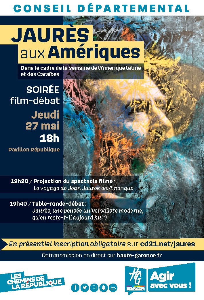 Dans le cadre de la semaine de l'Amérique latine et des Caraïbes <a href="/Occitanie/">Région Occitanie</a> , le <a href="/HauteGaronne/">Haute-Garonne</a> présente, aujourd’hui, le film Le voyage de #JeanJaurès en #Amérique.  La soirée sera diffusée sur le site haute-garonne.fr. #SALC2021