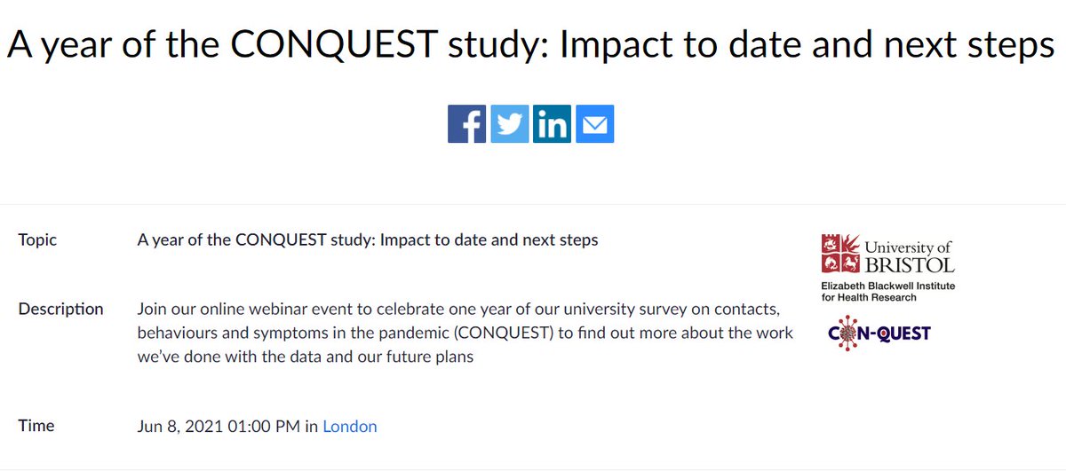 Event: The CONQUEST study has collected data on the contacts, behaviour &amp; symptoms of staff &amp; students <a href="/BristolUni/">University of Bristol</a> during #COVID19 to inform policy &amp; math modelling. Join us for this webinar on 8 June for an update on the study, its impact &amp; future plans.
bit.ly/3oXk8UM
