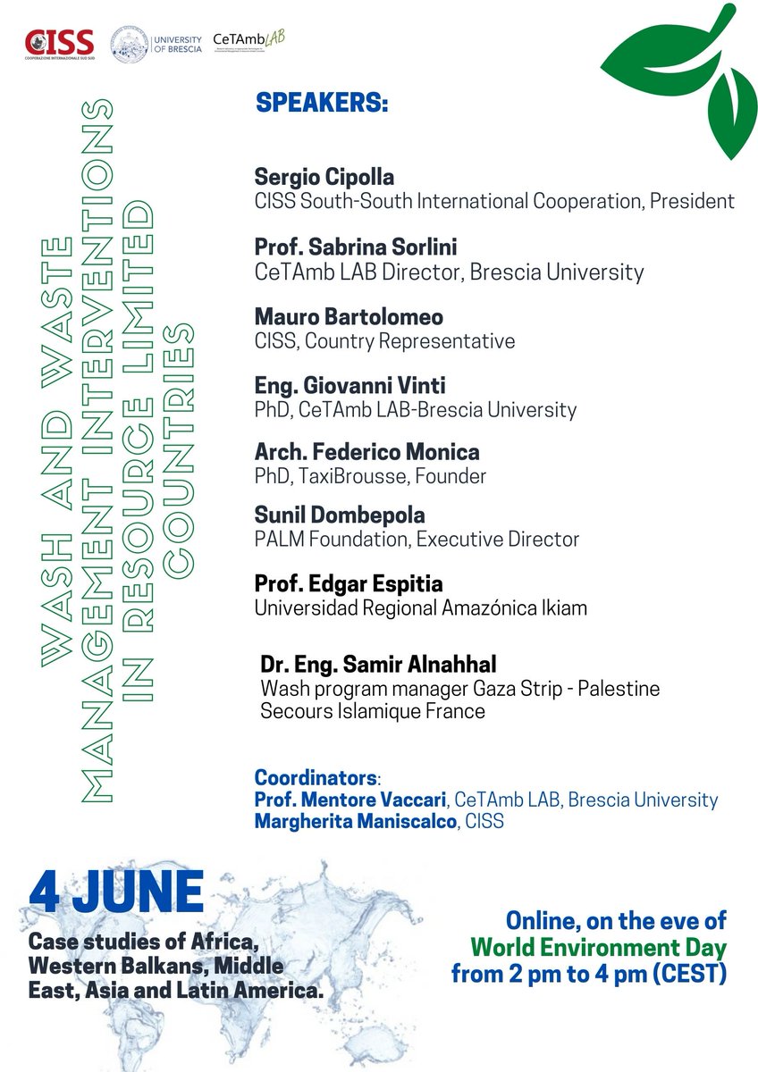 📌 Il 4 giugno #CISS e <a href="/CetambL/">CeTAmb-LAB</a> promuovono 𝗪𝗔𝗦𝗛 𝗮𝗻𝗱 𝘄𝗮𝘀𝘁𝗲 𝗺𝗮𝗻𝗮𝗴𝗲𝗺𝗲𝗻𝘁 𝗶𝗻𝘁𝗲𝗿𝘃𝗲𝗻𝘁𝗶𝗼𝗻𝘀 𝗶𝗻 𝗥𝗲𝘀𝗼𝘂𝗿𝗰𝗲 𝗟𝗶𝗺𝗶𝘁𝗲𝗱 𝗖𝗼𝘂𝗻𝘁𝗿𝗶𝗲𝘀.
ℹ️Il webinar è in inglese e si svolgerà su #zoom dalle 14 alle 16. ➡️ Registrati! bit.ly/WASHRegistrati…