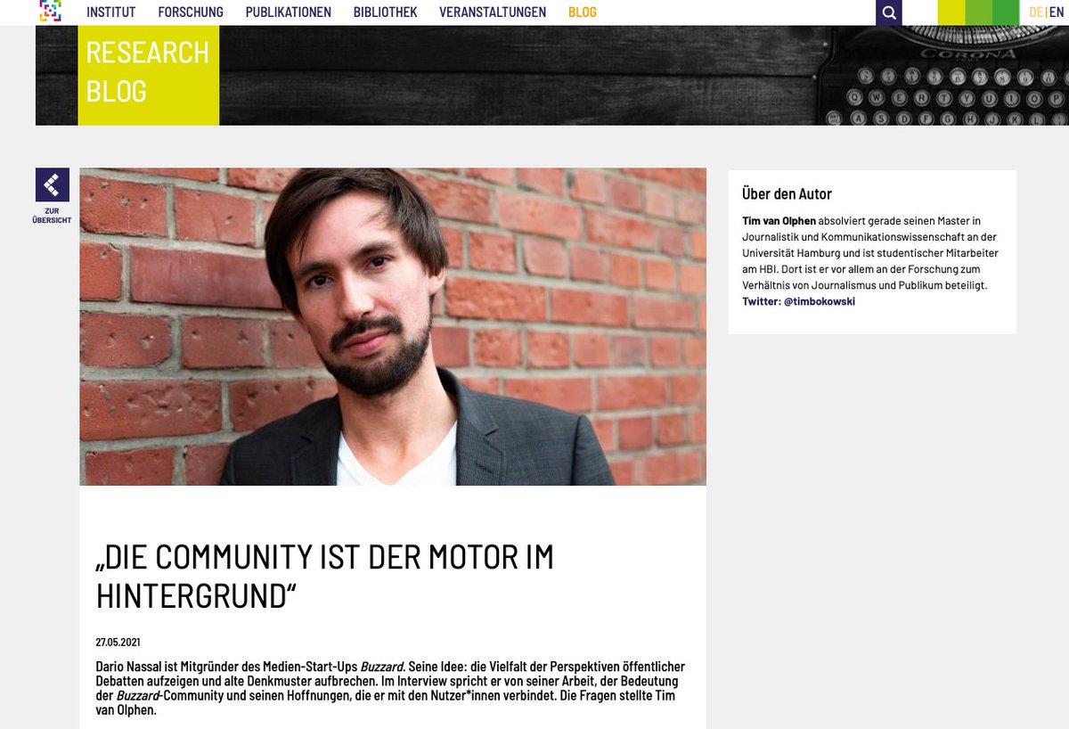 Für den <a href="/BredowInstitut/">Leibniz-Institut für Medienforschung</a>-Blog habe ich mit <a href="/TheBuzzardOrg/">Buzzard.org</a>-Mitgründer Dario Nassal über seine Arbeit und seine Beziehung zu den Nutzerinnen und Nutzern von Buzzard gesprochen: leibniz-hbi.de/de/blog/die-co…