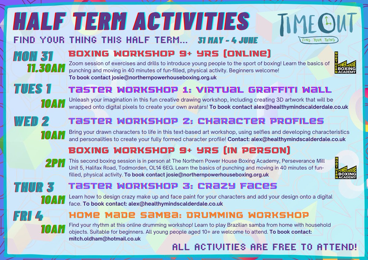 Activity sessions are booking well and looking good for half term - QUICK UPDATE - Mondays boxing session moving to face-to-face at Northern Powerhouse Boxing, by request - please contact Josie on josie@northernpowerhouseboxing.org.uk to book a place.