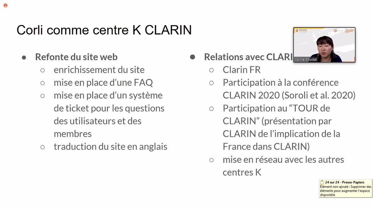 Huma_Num's tweet photo. #RHN21 Le Consortium-HN #CORLI intervient de nouveau cet après-midi pour présenter la mise en place d'un centre CLARIN de type k (knowledge). https://t.co/UKbVClfXT4