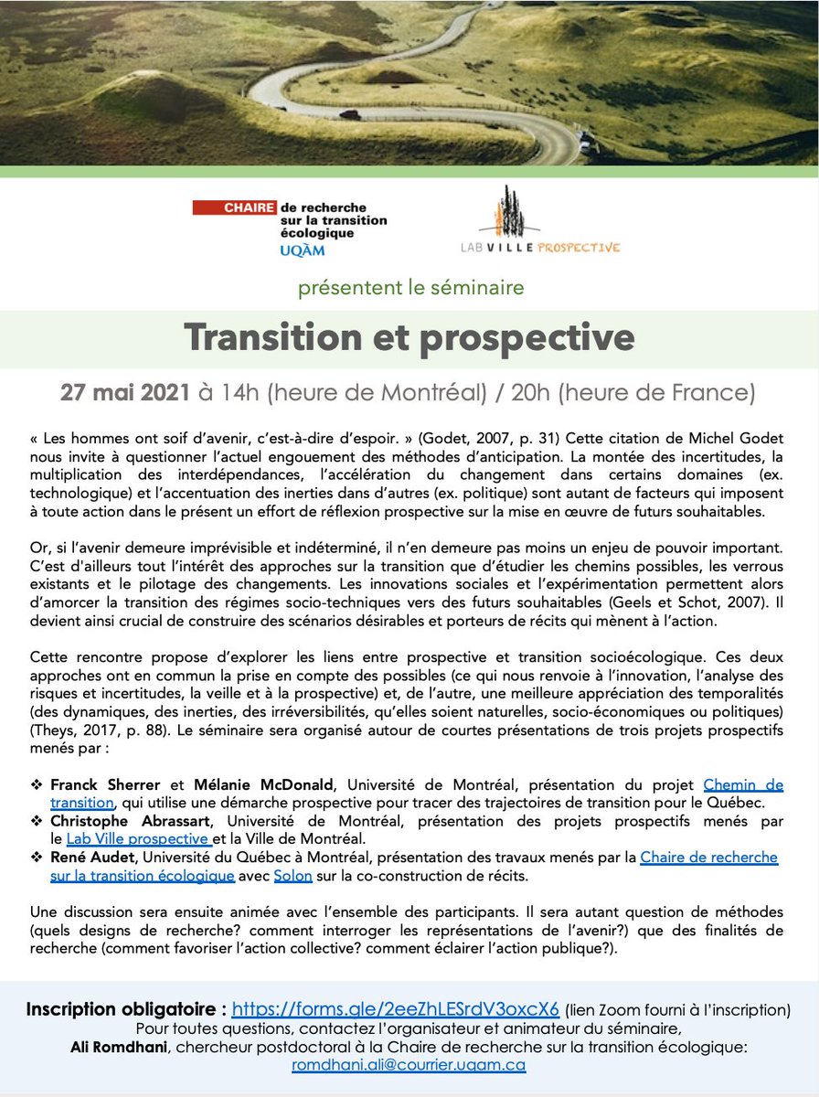 Le Lab Ville Prospective sera aujourd'hui 27 mai avec la Chaire de recherche UQAM sur la transition écologique pour un séminaire de recherche "Transition et Prospective" chairetransition.esg.uqam.ca/nouvelle/proch…