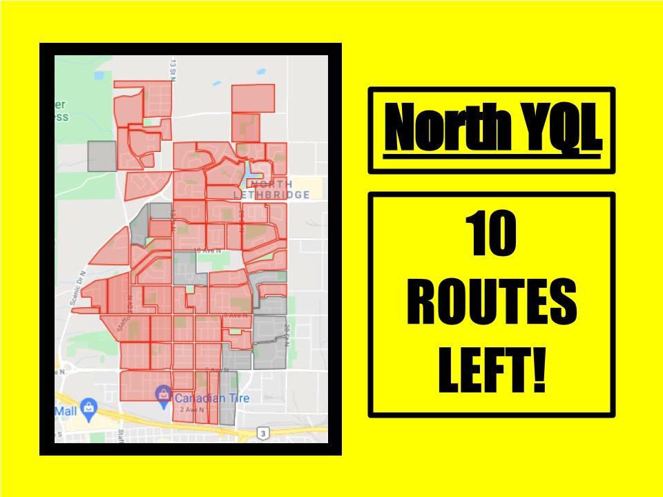 North #YQL! We still have 10 ROUTES left on the Northside! 

Sign up at targethungerlethbridge.com

<a href="/IFBLethbridge/">Interfaith Food Bank</a> <a href="/lethfoodbank/">Lethbridge Food Bank</a>