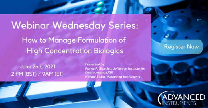 TecilTest's tweet image. La formulación de #fármacos más concentrados son un desafío único. El #webinar de #AdvancedInstruments, del 2 de junio, explicará cómo están trabajando para abordar estos problemas para la industria #biofarmacéutica.  Regístrese ahora: lnkd.in/eJNp37X 
#WebinarWednesdays