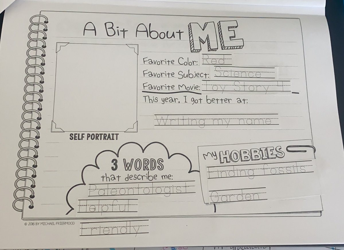 SKeiser_Edu's tweet photo. My Firstie’s class is filling out a memory book 😊 He struggles with writing, so to keep him from feeling overwhelmed with all the writing, I asked him tell me what he would write, I typed up his answers, cut &amp; pasted them so he could trace them &amp; practice his writing skills! 📝 https://t.co/1kAzmvA1nl