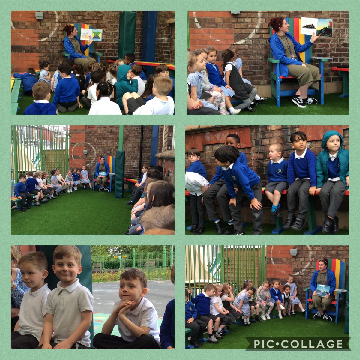 GSPSReception's tweet photo. This afternoon we had 2 lovely stories in the outdoor reading area. It was great to be outside enjoying a story in the sunshine ☀️ @GwladysStPrim #GSPSREADING https://t.co/mZAHaHgYBA