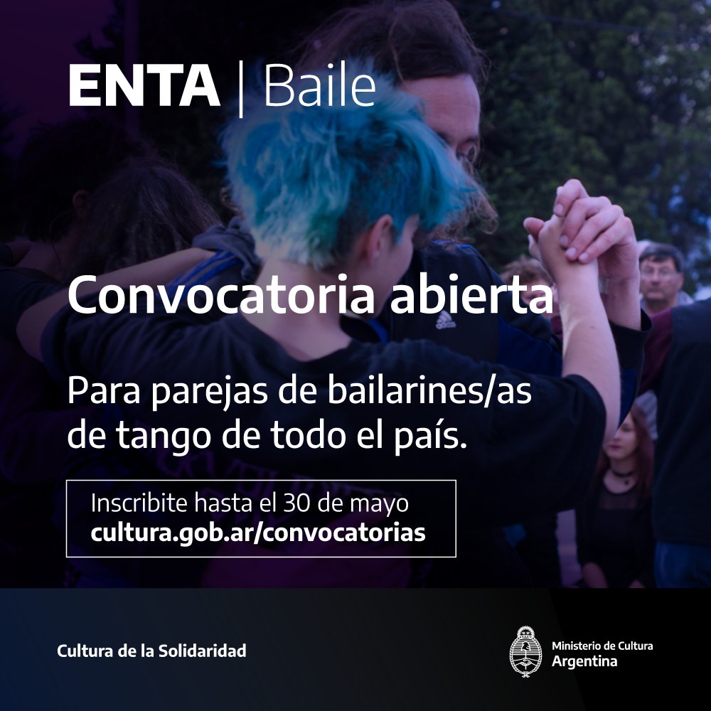 CulturaNacionAR's tweet photo. ⌛ ¡Últimos 3 días de inscripción a las convocatorias del programa Espacio Nacional de Tango Argentino!

ENTA Baile y ENTA Gestión: para bailarines de tango y/o interesados en gestión cultural de este género musical, gratuitas y online.

-Cierran el 30/5: https://t.co/CXMkldmqOJ. https://t.co/WndO8rVpzQ