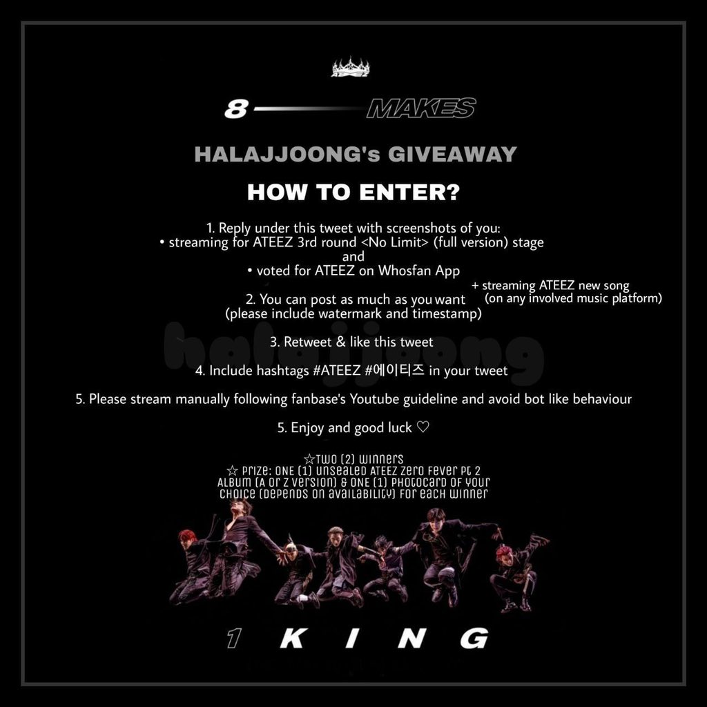 halajjoong's tweet photo. halajjoong's ateez kingdom giveaway 

❣️2 winners 
❣️unsealed zero fever pt 2 &amp; one pc of your choice 

- rt &amp; like this tweet 
- read rules  
🇲🇾 MY only 
reply with: streaming &amp; voting proofs
- tag : #ATEEZ #에이티즈 @ATEEZofficial 

1 tweet = 1 entry 
end: June 1st | 22:59 myt https://t.co/sLrlhAD9P2