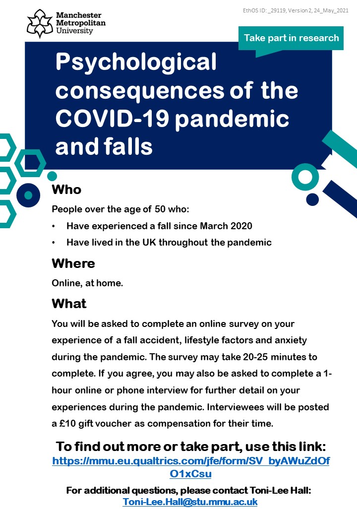 Chesney_E_Craig's tweet photo. We are recruiting volunteers aged 50+ for this MSc project assessing falls during the pandemic.

Participants who take part in the full study will be given a £10 voucher as compensation for their time.

Study link and further information at:
https://t.co/FMZCNxpMVu

Please share https://t.co/Ehq68lQRPZ