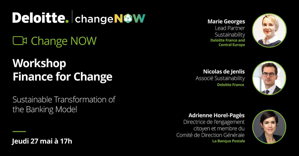 Join me at 5PM alongside Adrienne Horel-Pagès, Director of Citizen Engagement @LaBanquePostale and @ndjenlis, Partner at @DeloitteFrance for a workshop during #ChangeNOW2021 Summit, where we’ll discuss what the #finance sector’s transformation is about and how to implement it