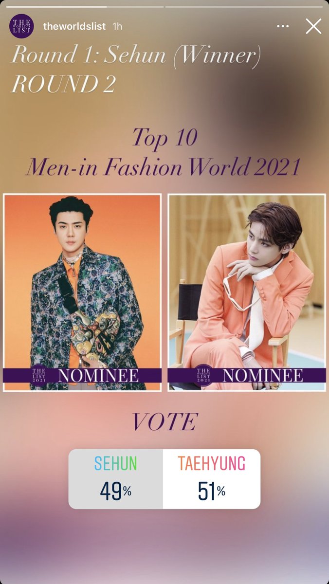 The second round has started! Let’s now take the lead and win this for #SEHUN! If you have multiple accounts, vote in the “Top 10 Men in Fashion World 2021” poll too! 🧡 Link to the poll:

instagram.com/stories/thewor…

#세훈 #엑소세훈