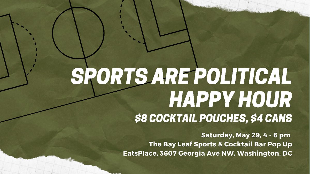 BayLeafBitters's tweet photo. Join us for #SportsArePolitical Happy Hour! 

$8 Cocktail Pouches
$4 Beers, Ciders &amp; Seltzers 
Free Discussion Questions 

This Saturday 4-6 pm! 
@EatsPlace , 3607 Georgia Ave NW, DC https://t.co/1kdUQvRKwF