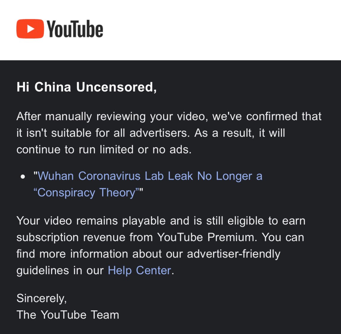 It was demonetized for “harmful or dangerous acts.”