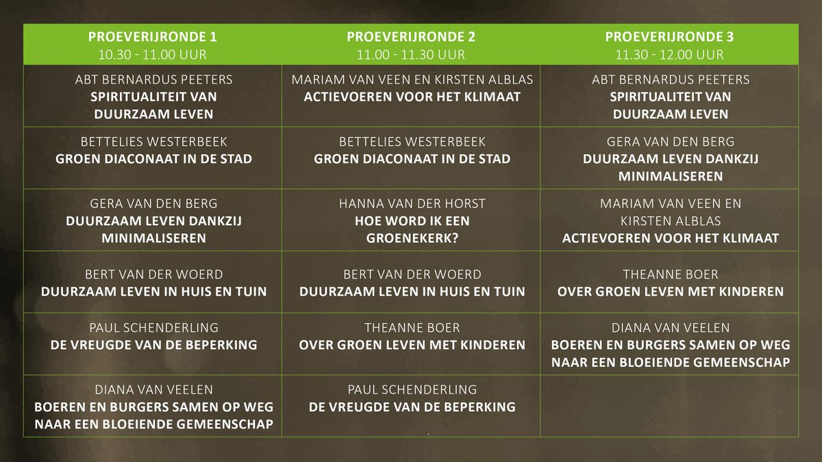 Dat is lastig kiezen. Er zijn zoveel verschillende inspirerende proeverijen. Welke wil jij bijwonen? Bestel één van de laatste tickets op ww.groengelovig.nl/tickets.  
GroenGelovig 2021 vindt plaats op 28 en 29 mei a.s. met als thema Aarden. Laat je inspireren en doe mee!