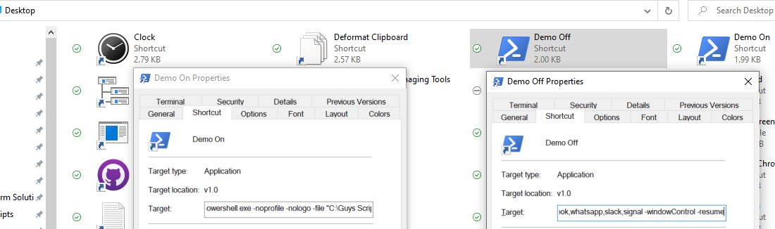 guyrleech's tweet image. Also useful for preparing for demos without having to kill any applications but they won&apos;t produce any notifications or consume any cpu/memory (use -trim). Have 2 desktops shortcuts - &quot;Demo On&quot; and &quot;Demo Off&quot; that run powershell.exe -file as per the screenshot. 
You&apos;re welcome 🙂
