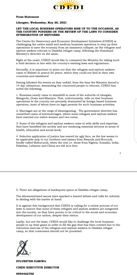 CDEDI3's tweet photo. #CDEDI challenges local business business operators to rise up and step up operations as refugees and asylum seekers relocate to Dzaleka refugee camp
#CDEDI challenges Govt to enforce eviction of foreigners living and operating businesses illegally
More https://t.co/BS55IsgGj1 https://t.co/z7PN4KUNmA