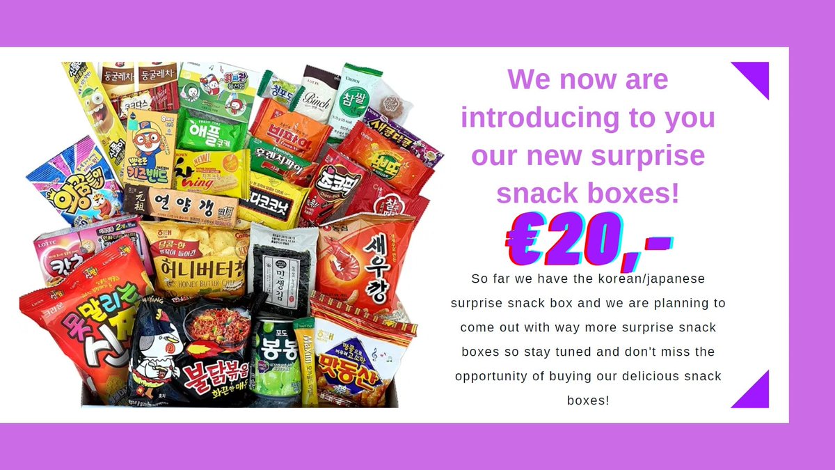 Purple7moon2's tweet photo. Are you craving for a korean or japanese snack and you want to surprise yourself? Try our new korean/japanese surprise snack box! Available now for only €20,-. Dm or text us now to buy your box today!

#Korean #Japanese #surprisebox #asian #snacks #ecommerce #smallbusiness https://t.co/IAWVsVPc1e