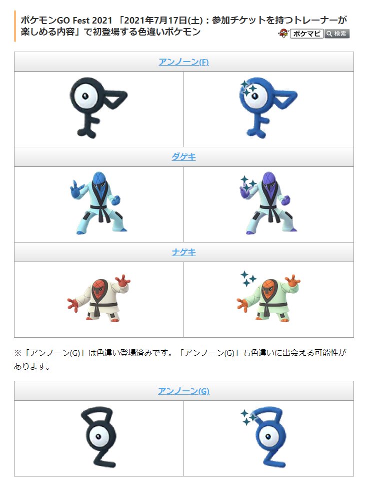 ポケモンgo攻略情報 ポケマピ Pokemon Go Fest 21 の詳細が発表されました 初登場となる 色違いポケモン 全トレーナー対象 タブンネ チリーン オタマロ ゴニョニョ チケット購入者のみ対象 アンノーン F ダゲキ