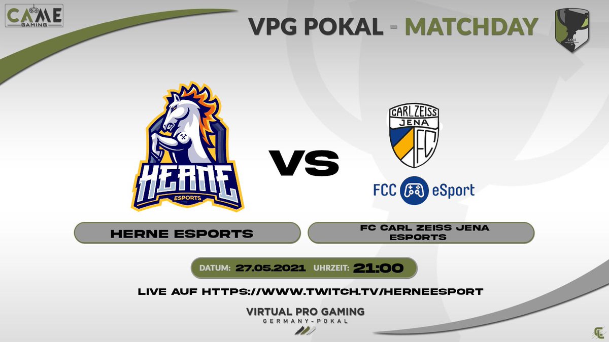 Matchday VPG Pokal Top 16
🆚 <a href="/fccesports/">FC Carl Zeiss Jena eSports</a> 
🕘 21:00 Uhr
🎥 Twitch: Herneesports 

Heute treffen wir im Pokal auf die eSports Abteilung vom Regionalligisten <a href="/fccarlzeissjena/">FC Carl Zeiss Jena</a> 

Auf gehts Herne 💛💙⚒️

twitch.tv/herneesport