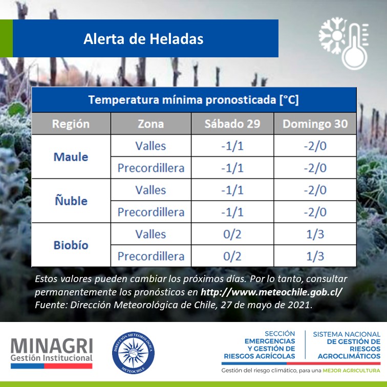 AgroClimaticoCL's tweet photo. Alerta de heladas en las regiones de Maule a Biobío (sábado 29 y domingo 30 de mayo).
#alerta #agricultura #informacion #VariabilidadClimatica
@MinagriCL @meteochile_dmc https://t.co/umqK85X1Jf