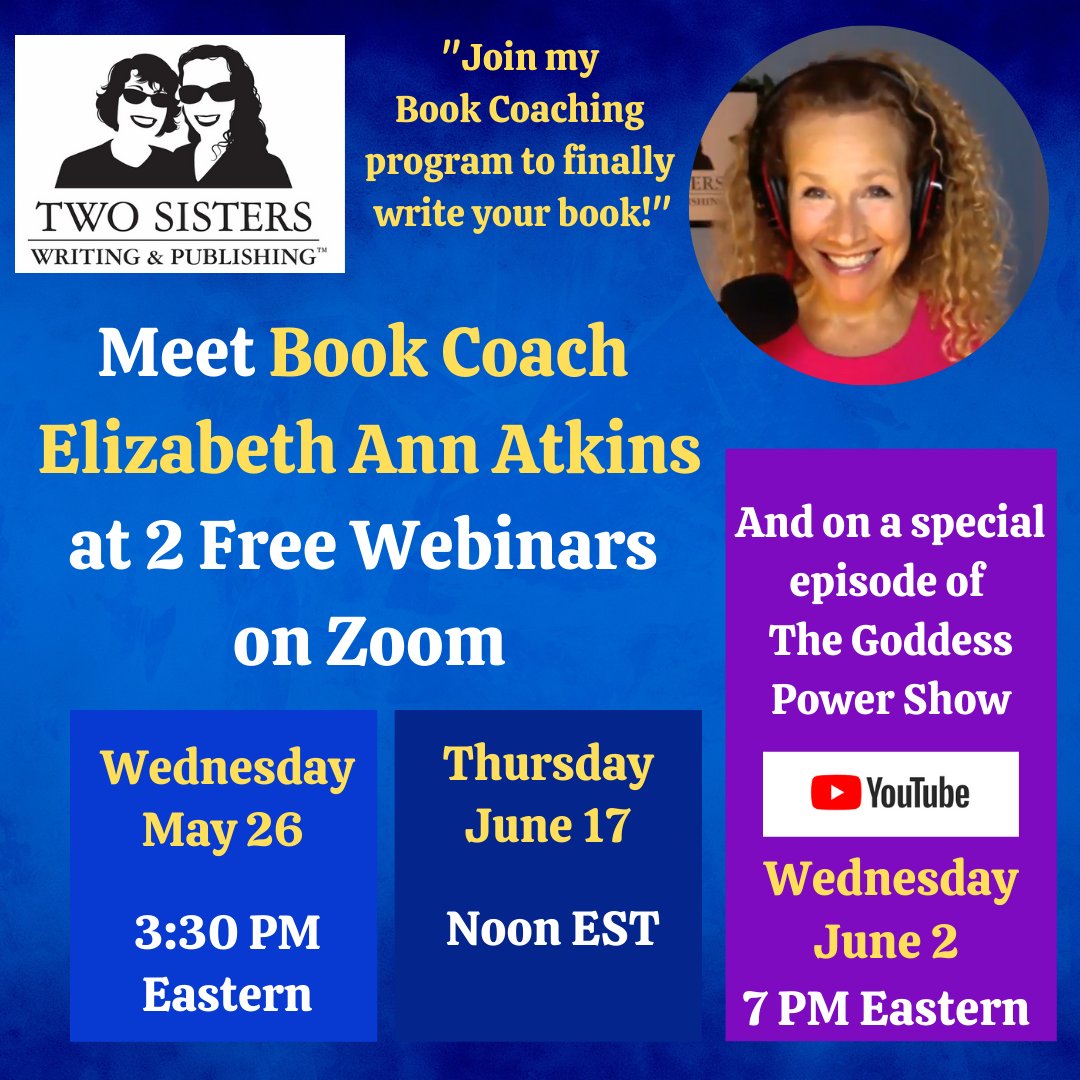 ElizabethAtkins's tweet image. Tune into a special episode of The Goddess Power Show with Elizabeth Ann Atkins Wednesday June 2nd at 7PM EST for information on her book coaching sessions! Visit: ow.ly/MBhr50EW3R9

#bookcoaching #writersworkshop #writingsessions #writingcommunity #author #freewebinar