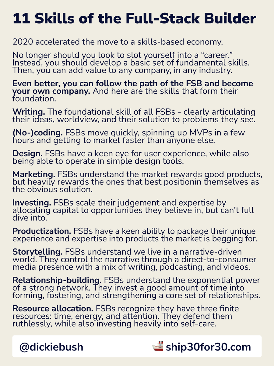 dickiebush's tweet photo. 2020 accelerated the move to a skills-based economy.

No longer should you look to slot yourself into a “career.” 

Instead, you should develop a basic set of fundamental skills. 

Then, you can add value to any company, in any industry.

Or, you can become your own company👇🏼 https://t.co/lak2lTsC8v
