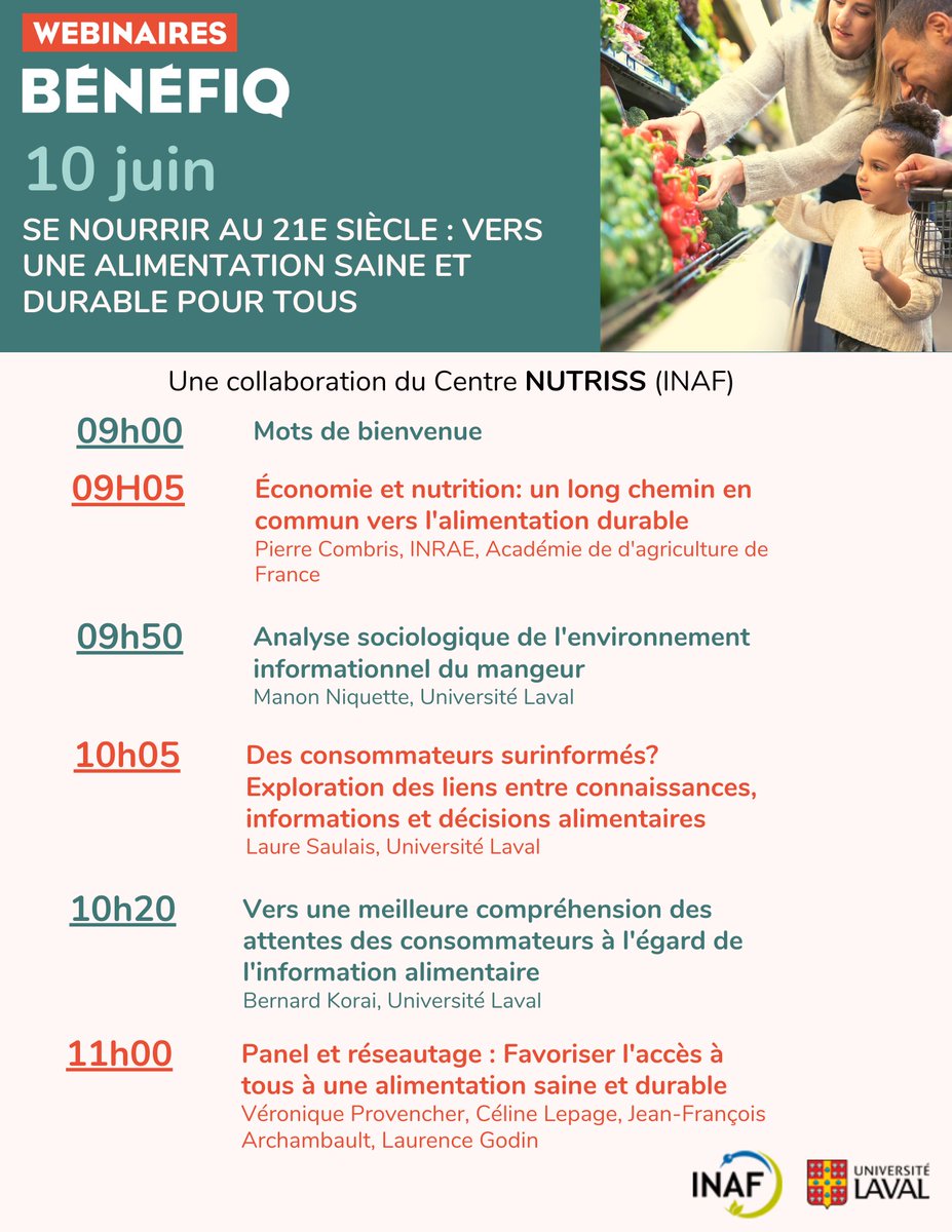 La programmation #BÉNÉFIQ2021 se poursuit le 10 juin prochain avec un webinaire organisé en collaboration avec le Centre NUTRISS de l'INAF. Nous y démystifierons les enjeux associés à l'accès à une #alimentation saine et durable pour tous!