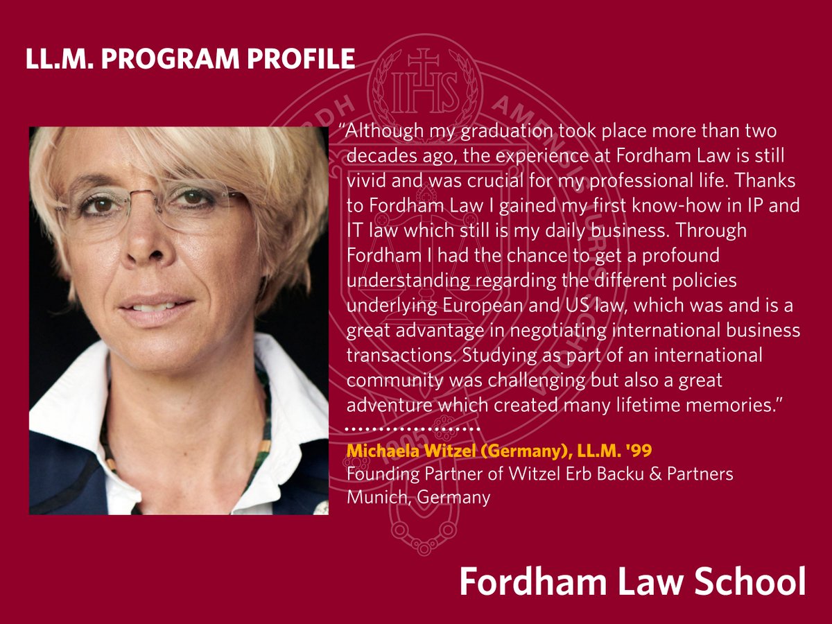 FordhamLawINTL's tweet image. #LLM Program Profile - Michaela Witzel (Germany), LL.M. &apos;99
Founding Partner of Witzel Erb Backu &amp;amp; Partners
Munich, Germany

#FordhamLaw #LLMAlumni