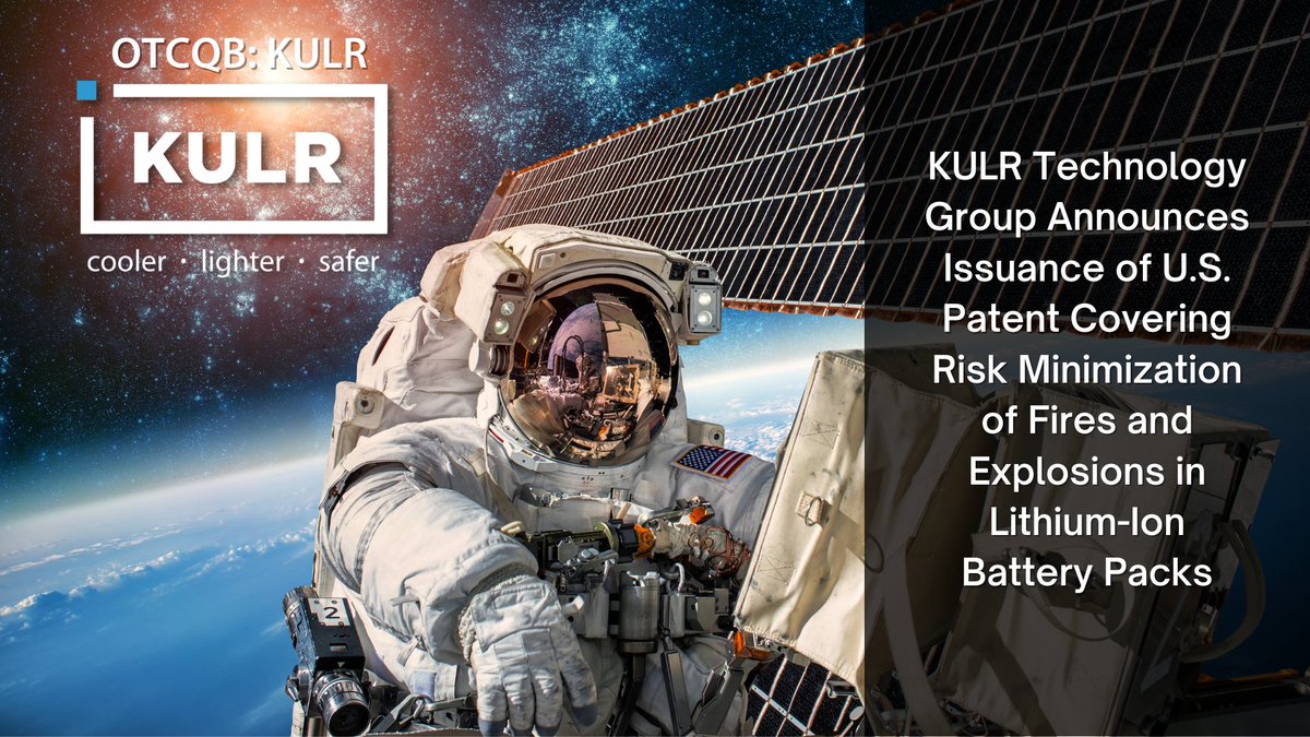 KULRTech's tweet photo. Our patent for our Thermal Runaway Shield (TRS) has been issued by the USPTO! Reach the full press release for details on the patent and how this will minimize fires and explosions in Lithium-Ion Batteries: https://t.co/oQ8OUsrEFQ

$KULR #StocksToWatch #StocksInNews #battery https://t.co/bl4o1dE3rp