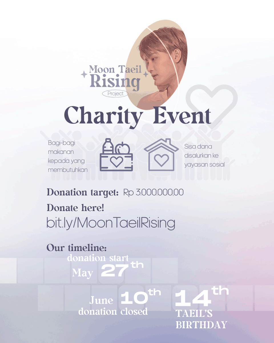 MoonTaeilRising's tweet photo. [CHARITY EVENT]

        ✨M o o n   T a e i l   R i s i n g✨

Mari rayakan ulang tahun Taeil dengan berdonasi kepada sesama!

Donasi dapat dilakukan dengan mengisi formulir ini:
🖇️:https://t.co/iCEB41DfQS

Ditunggu partisipasinya! https://t.co/LFtz8C5bpZ