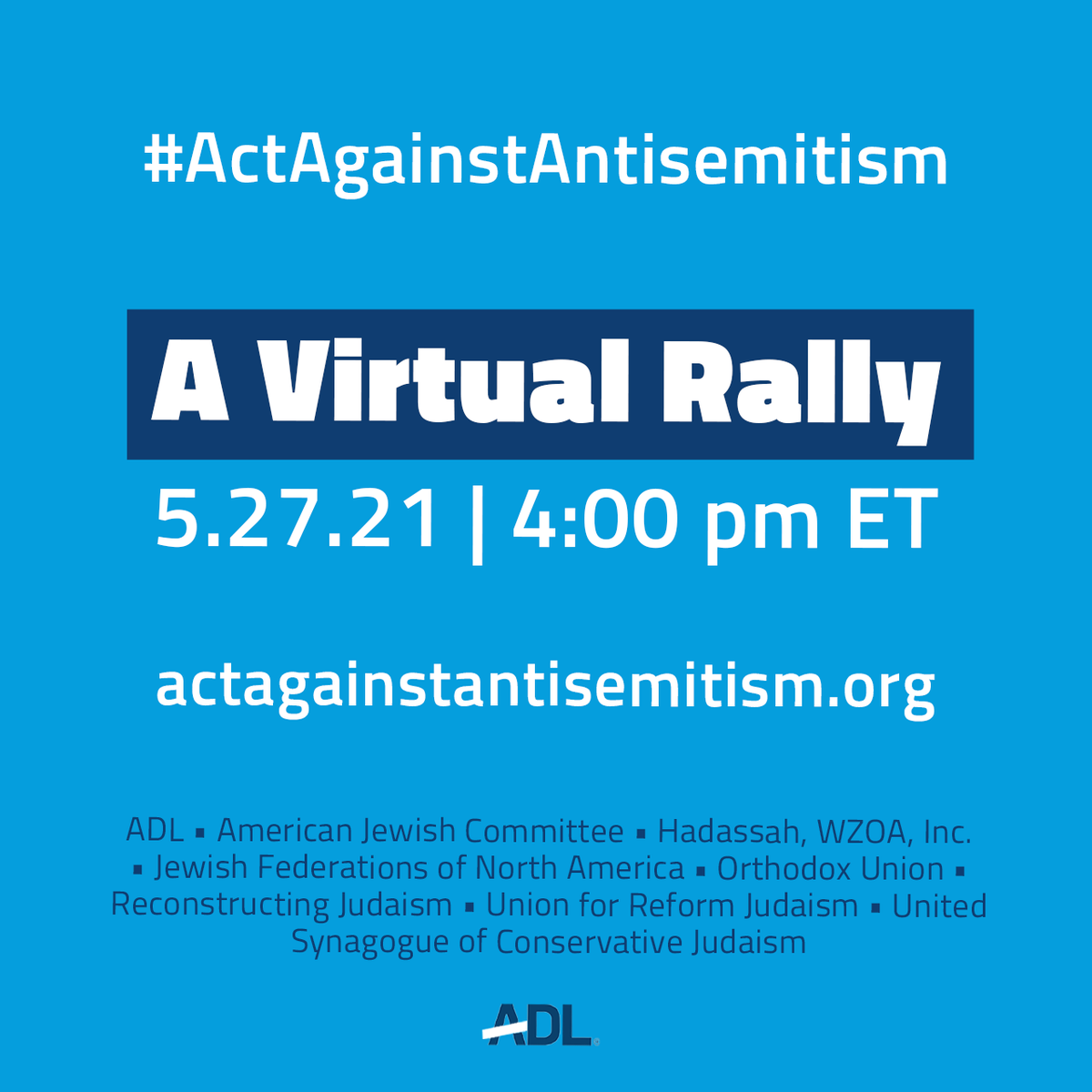 #Antisemitism is surging across the United States, and JCADA is fighting back. Join us at the virtual rally at 4pm ET on Thursday 5/27 to #ActAgainstAntisemitism and make your voice heard. Actagainstantisemitism.org