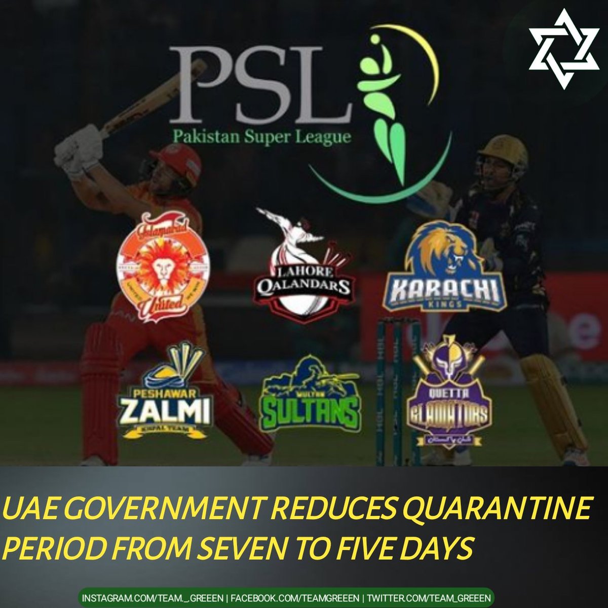 UAE government reduces quarantine period from seven to five days.

According to sources, the players, officials and broadcast crew will undergo five-day isolation instead of seven days.
#PSL6 #PCB #UAEGovernment #Team_Greeen