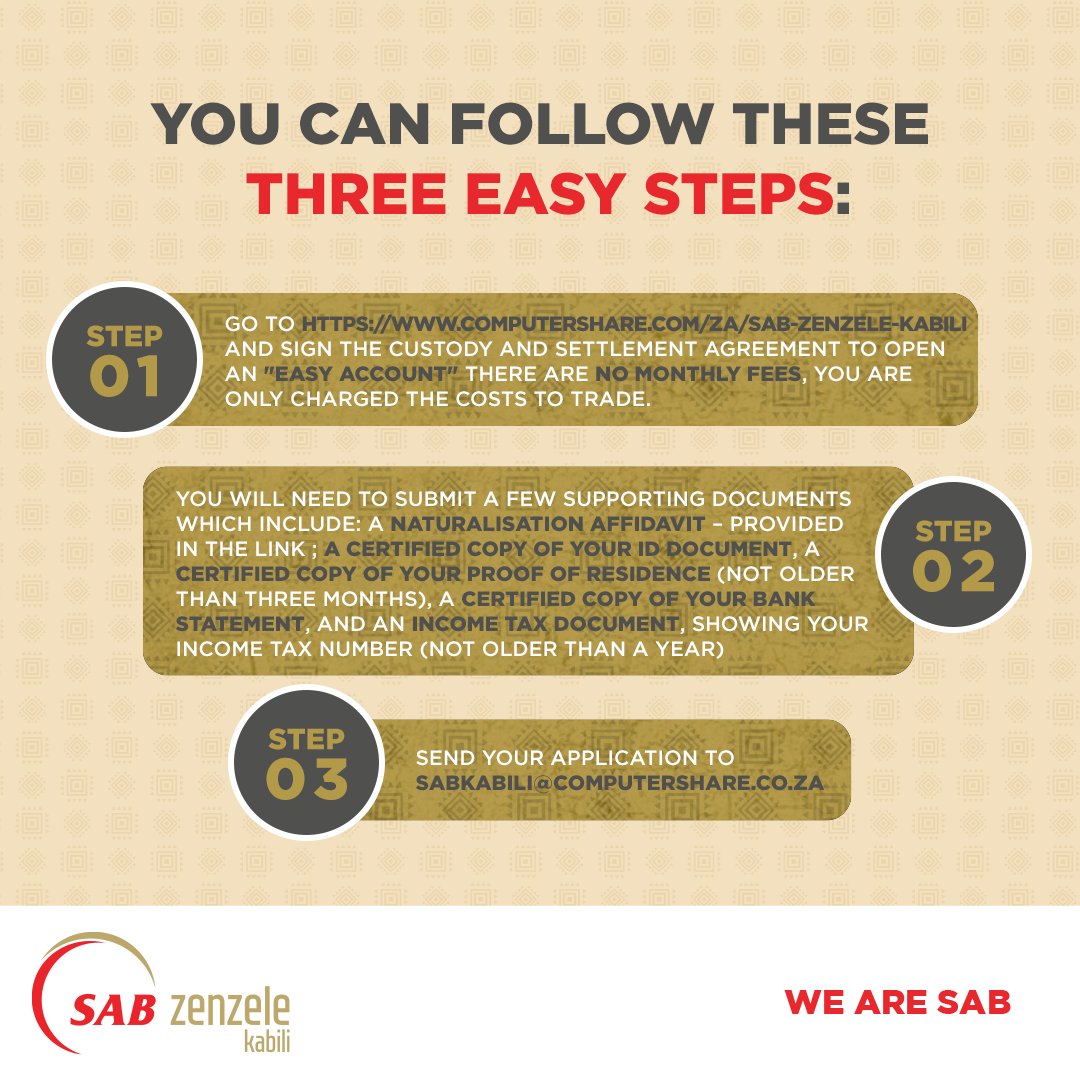 SABreweries's tweet photo. Tomorrow, #SABZenzeleKabili will officially list on the B-BBEE segment of the JSE. We're excited to share these 3 easy steps you need to follow to be part of this new share scheme that will hold as its key asset R5.4bn worth of ABInBev shares.
Step 1: https://t.co/Rnr0JCUlWW https://t.co/sYN9jJPLUA