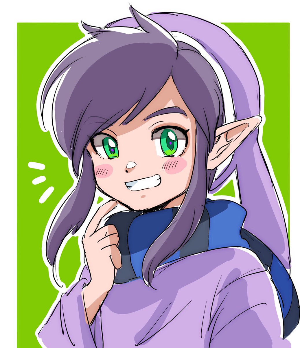 solo smile pointy ears green eyes hat purple hair scarf  illustration images