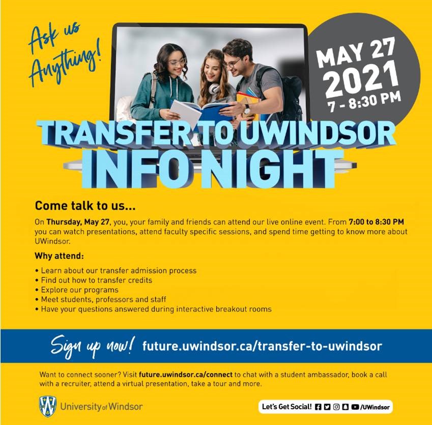 SenecaPoly's tweet image. Interested in getting a degree from @UWindsor? 

Then make sure to join their Information Night this evening to explore the #AcademicPathways that might be right for you! 

🕣 When: 7 – 8:30 p.m.
💻 Register: bit.ly/3hFW6fa

#SenecaPathways
