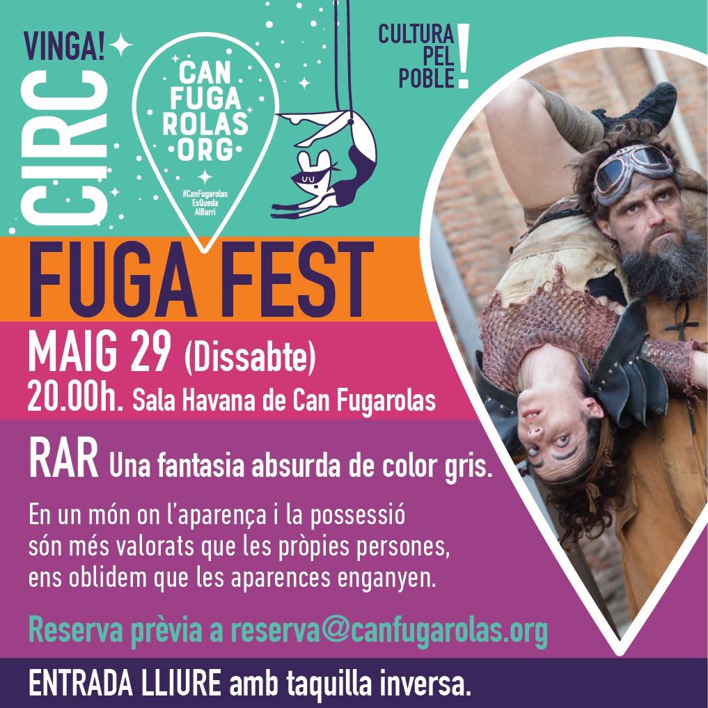 canfugarolas's tweet photo. Dissabte comença la #FugaFest 😛
🎟 Aquí teniu el menú per al cap de setmana:
DISSABTE:
19:00 h Inici festa, pregó i encesa de @GodracMataro 💥
20:00 h RAR, una fantasia absurda de color gris 🎭
DIUMENGE:
10:00 h visita als horts #CanFugarolas 🌻
11:00 h Ciència en família https://t.co/2M9ynkZ4tT