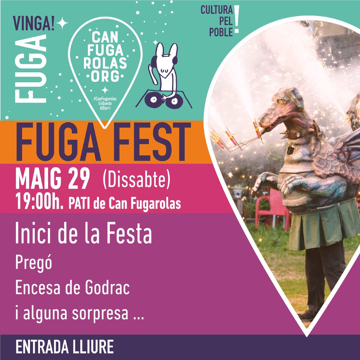 canfugarolas's tweet photo. Dissabte comença la #FugaFest 😛
🎟 Aquí teniu el menú per al cap de setmana:
DISSABTE:
19:00 h Inici festa, pregó i encesa de @GodracMataro 💥
20:00 h RAR, una fantasia absurda de color gris 🎭
DIUMENGE:
10:00 h visita als horts #CanFugarolas 🌻
11:00 h Ciència en família https://t.co/2M9ynkZ4tT