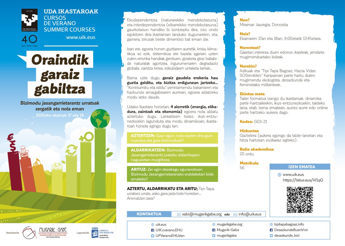 Badakizu ez goazela ondo 🤦🏻♂, eta reseteatu  beharko genuke pertsonen zein planetaren 🌎 bizitza lehen tokian jartzeko.
"AZTERTU🧐,ALDARRIKATU✊🏾eta ARITU💪🏽: Bizitza Jasangarrien alde urratsak emateko" kurtsoan izena eman.
🗓️ Ekainak 17-18
🕘 9:00–13:45
🏘️ Miramar Jauregia