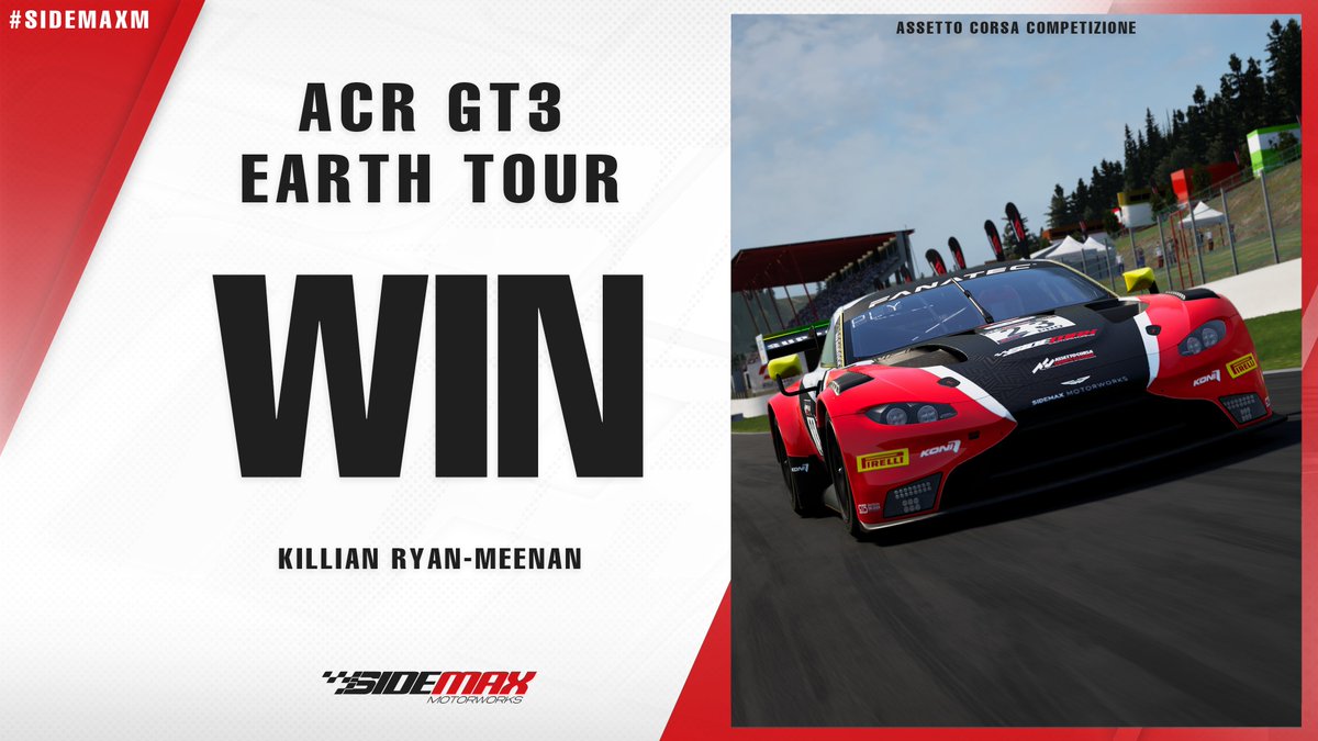 A fantastic drive from <a href="/_KillianRM/">KillianRM</a> last night saw him take the win in <a href="/ACRracing/">Actrollvision Community Racing</a> GT3 Earth Tour 🏆

#SidemaxM #esports #simracing #beACC