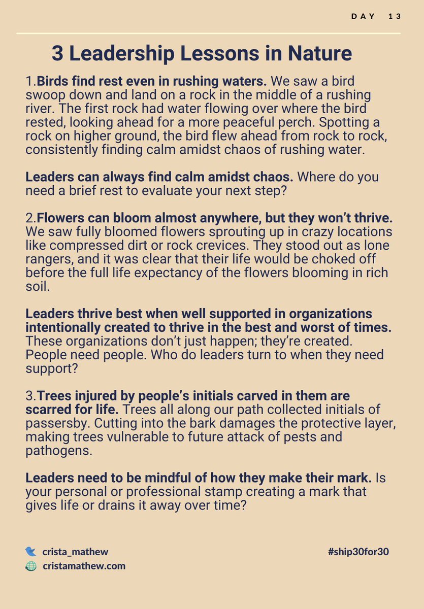 crista_mathew's tweet photo. Day 13 | #ship30for30 | 3 Leadership Lessons in Nature
I'm hiking this week and noticing all kinds of #lessonsinnature. Read on for observations I've made below.
What resonates with you? What can you add?
#leadershipdevelopment #personaldevelopment https://t.co/HkmWXtaDeb