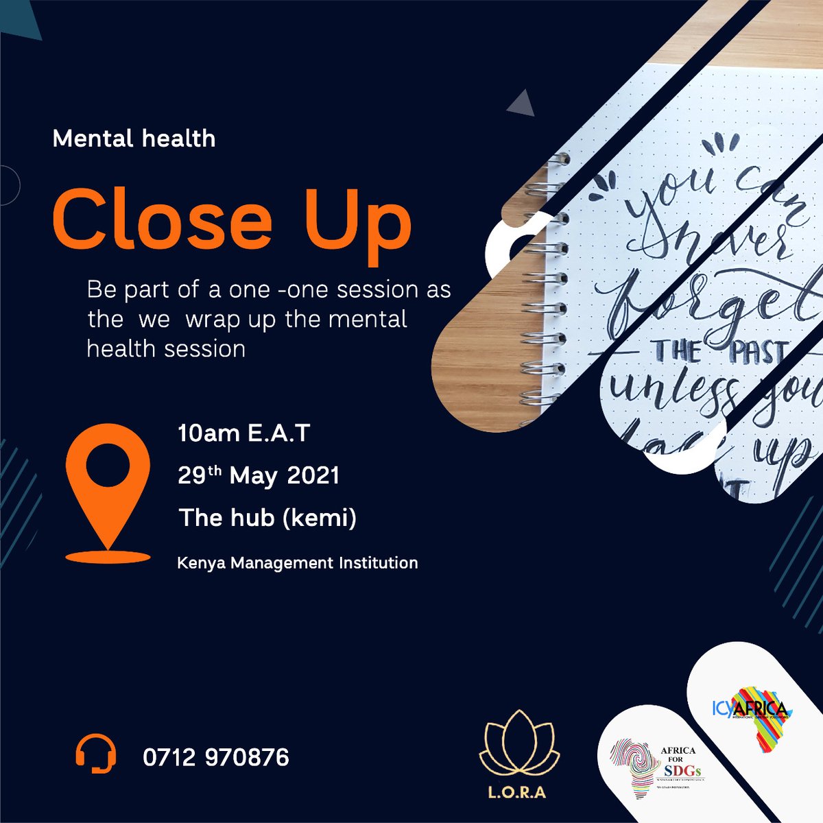 LoraOrg's tweet photo. Be part of a one-on-one session as we wrap up the mental health session.
#MentalHealth254 
#Mentalhealth 

@MrLoyal86480138
@olefa6 https://t.co/gVqkKa3DHe
