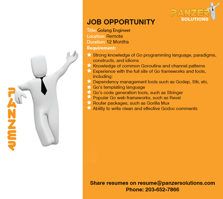 panzersolution's tweet image. Job Title: Golang Engineer
Location: Remote
Share resumes on resume@panzersolutions.com
Or for more info click on the below link
panzersolutions.com/view_job_oppor…
#PanzerSolutions #GolangEngineer #panzerjobs #jobseekers #Jobs #JobSeeker #jobsearch #Golang #Engineer
