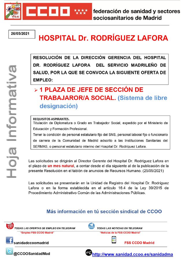Se la convocatoria a la Jefatura de Servicio Trabajo Social del Hospital Dr. Rodríguez Lafora - Colegio de Trabajo Social de Madrid