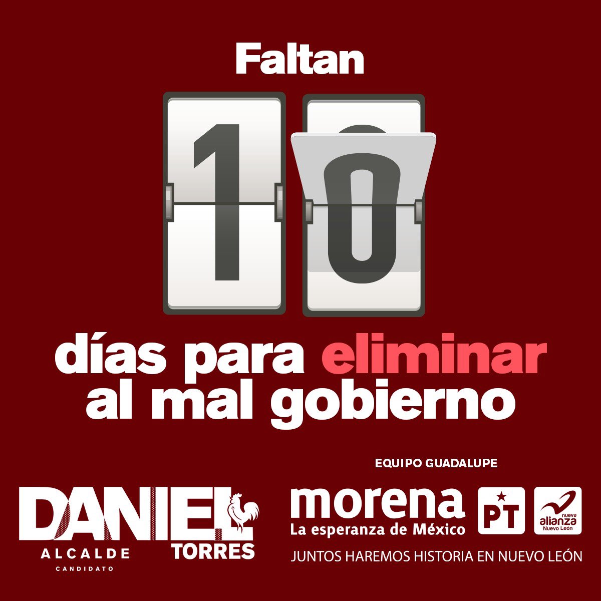 danieltorresca's tweet image. Faltan 10 días para eliminar al mal gobierno en #Guadalupe. ¡VOTA POR EL GALLO! 🐓

Juntos tenemos la solución. ¡El despertar de Guadalupe está en tus manos! 
.
#Súmate en danieltorrescantu.com ¡Hagamos Equipo!
#DanielTorres