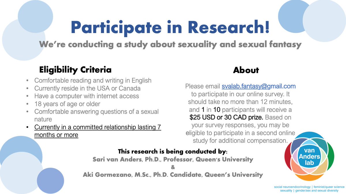 Interested in participating in research? We are conducting a study on sexual fantasy among people in committed relationships. See thread below for info on eligibility and how to participate!  

We welcome participants of all genders, sexes, and backgrounds! 

1/5