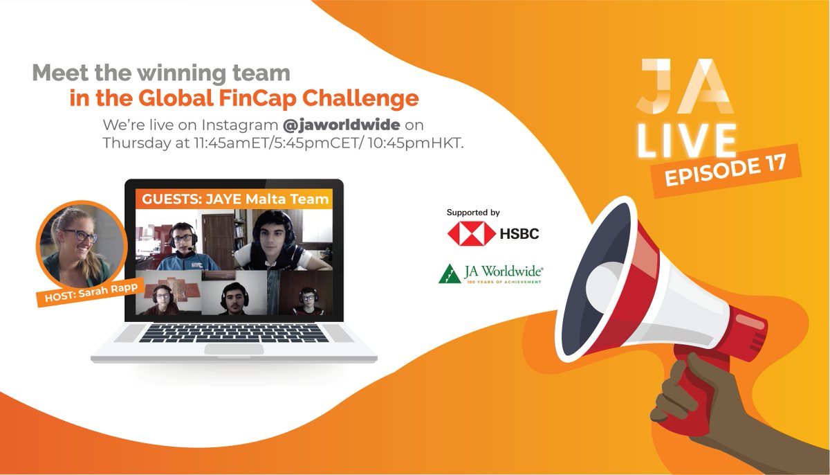 Join us TODAY (May 27) at 8:45amPT/11:45amET/5:45pmCET/11:45pmHKT on JA Worldwide's Instagram with the winning team of the HSBC Global FinCap Challenge:  <a href="/jaye_malta/">JAYE Malta Foundation</a> 
 
#futureskills #WeAreJA
 
<a href="/HSBC/">HSBC</a>