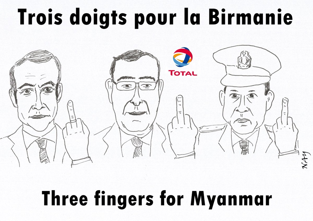 NayCartoons's tweet photo. Après la France-à-fric, la Beurre-manie? Call for an end to @Total & @Chevron financing the #Myanmar junta! #TotalCartoonChallenge @InfoBirmanie https://t.co/IpBk3eoLuT