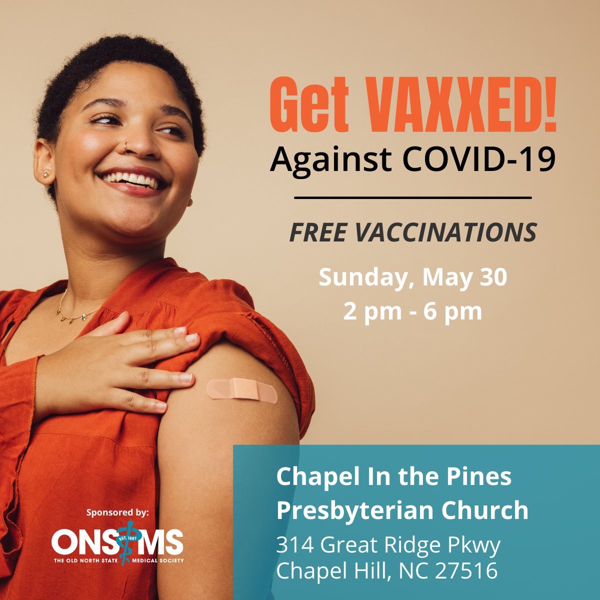 🗓 #SHARE: #CHAPELHILL Community Covid Vaccine Event⁠⁠
May 30, 2021, 2-6pm⁠⁠
Location: Chapel In the Pines Presbyterian Church, 314 Great Ridge Pkwy, Chapel Hill, NC 27516
.⁠⁠
Walk Ups Welcome. Spanish Translators will be onsite.  ⁠⁠
.⁠⁠
#covid19 #covidvaccines #moderna